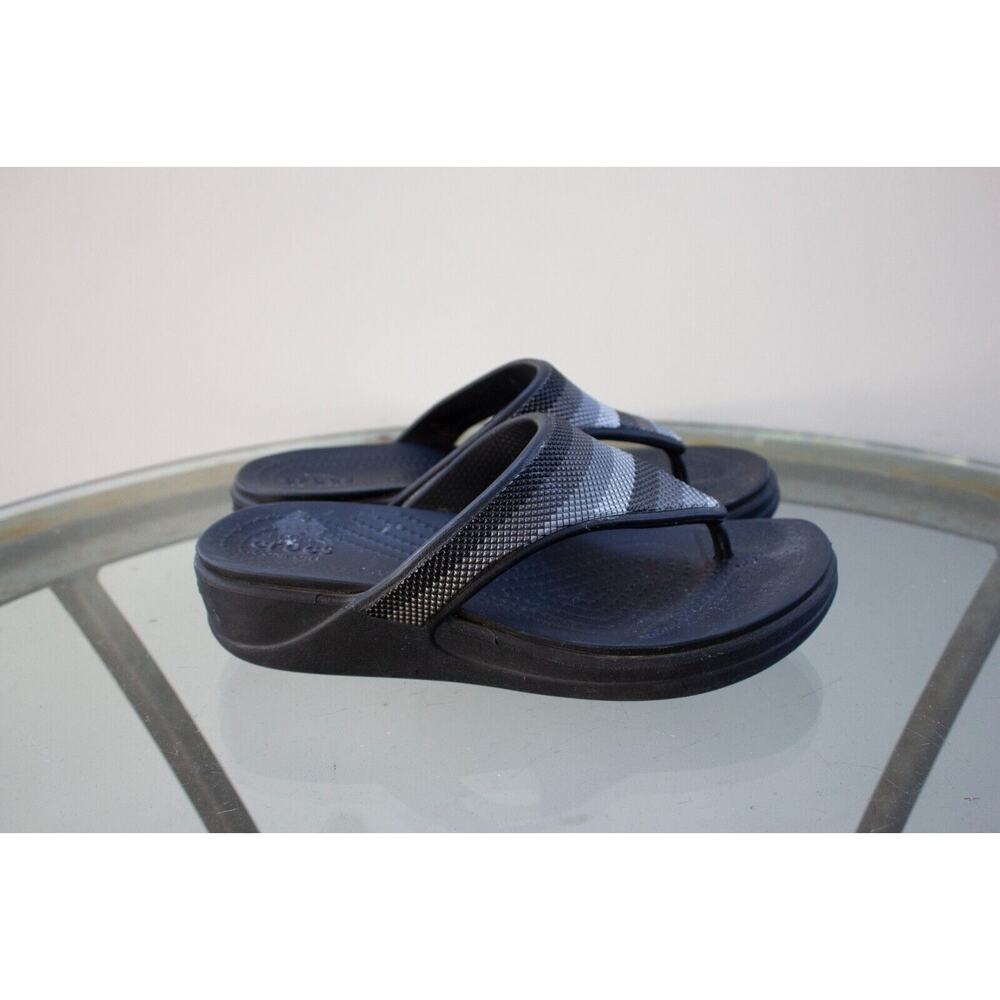 Crocs Monterey Stripe Wedge Flip Women’s Size‎ 5 Black Grey Silver